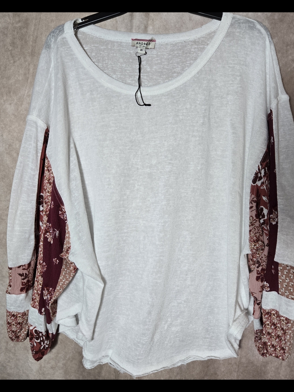Andree By Unit White Knit Top with Floral Burgundy Patchwork Sleeves